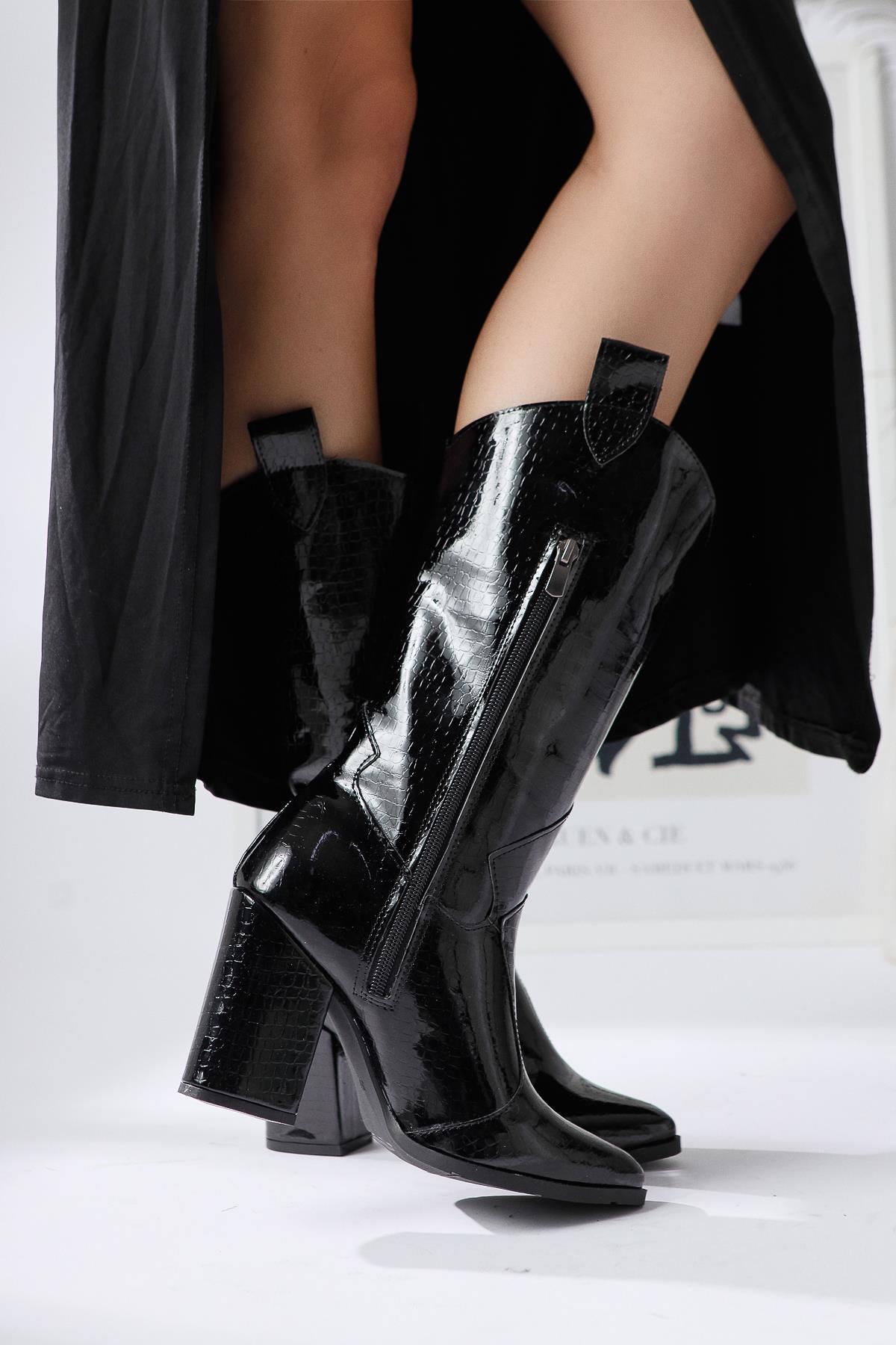 Keri Black Crocodile Asymmetric Cut Heeled Short Boots