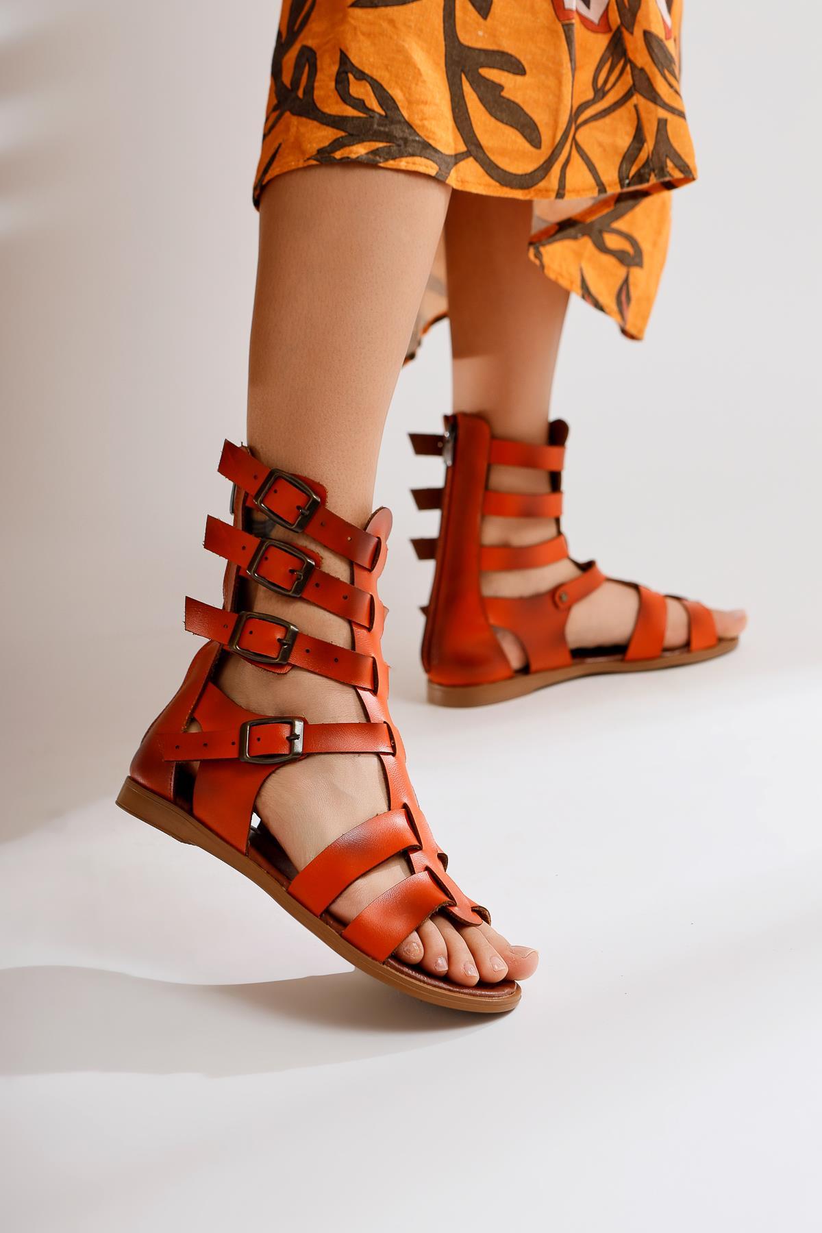 Miranda Echtes Leder Orange Reißverschluss Gladiator Sandale