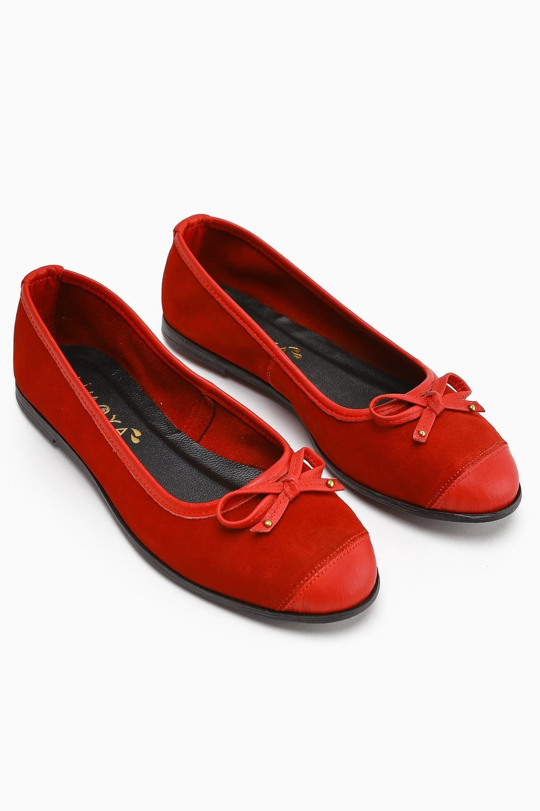 Genuine Leather Alfreda Red Suede Leather Detailed Bow Women's Ballerinas
