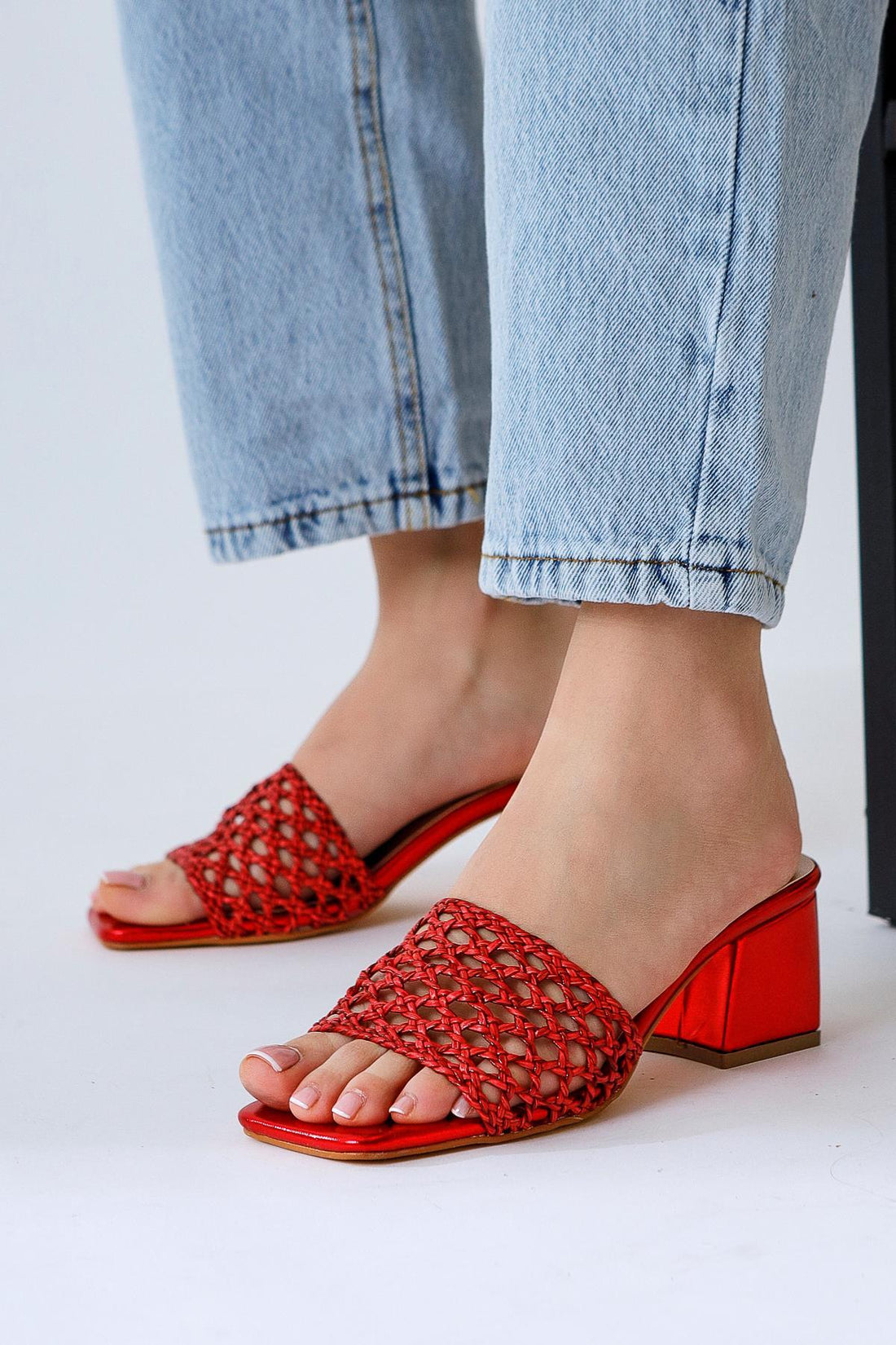 Mani – Red Woven-Detail Block Heel Slide (Women)