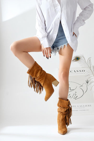 Bohem Genuine Leather Taba Fringed Short Western High Heel Boots