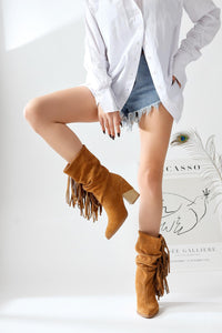 Bohem Genuine Leather Taba Fringed Short Western High Heel Boots