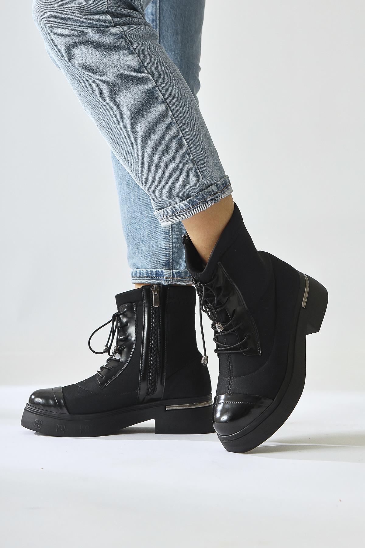 Maline – Black Scuba Fabric Patent-Detail Thick-Sole Boot (Women)