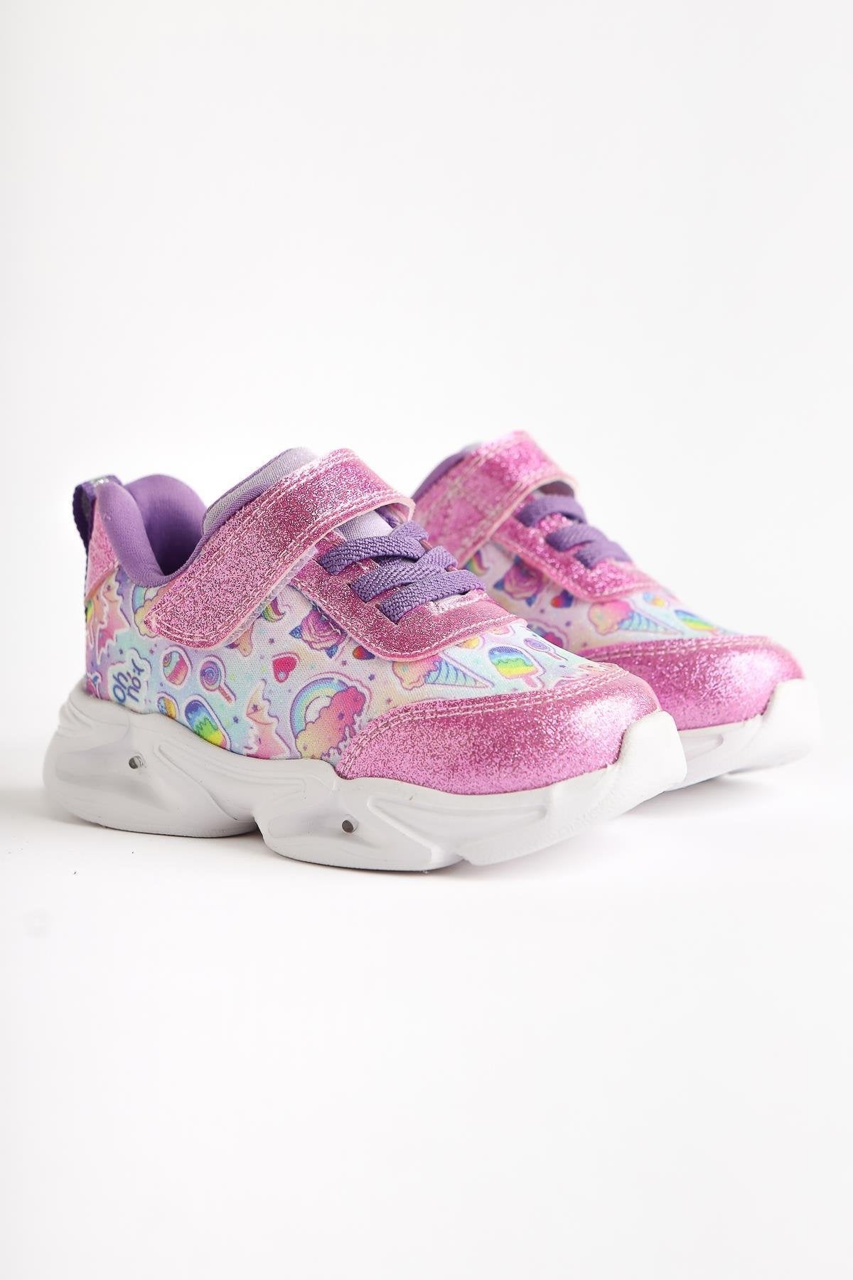 Donika Rosa Gestreifte Charakterdruck Glitzernde Leuchtende Baby Sportschuhe