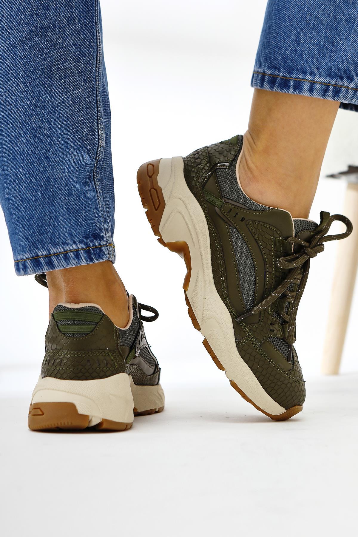 Caisa Olive Textil Detail Schnür Damen Sneakers