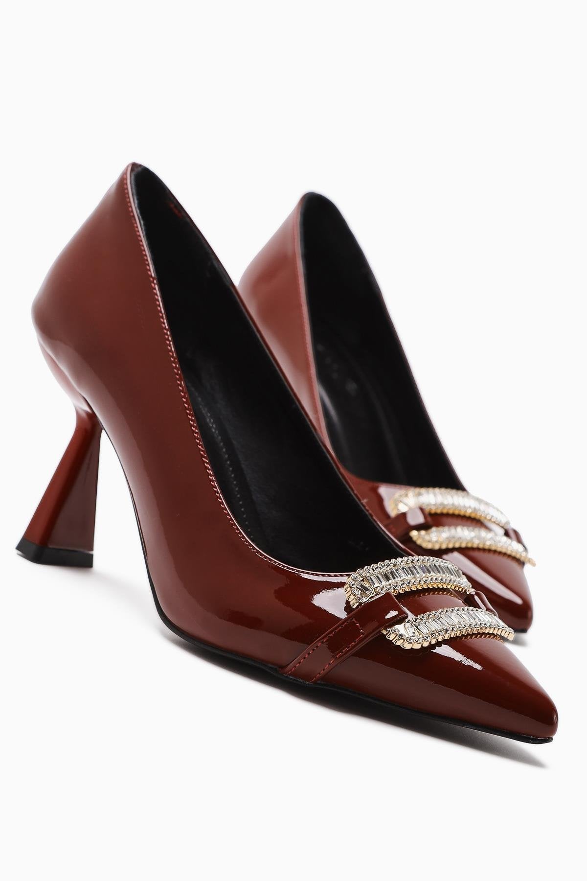 Ania Claret Red Patent Leather Pointed Toe Stone Buckle Detailed Heeled Women's Shoes