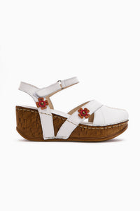 Echtes Leder Katlyn Weiß Blüten Detail Geschlossene Zehen Wedge Sandale