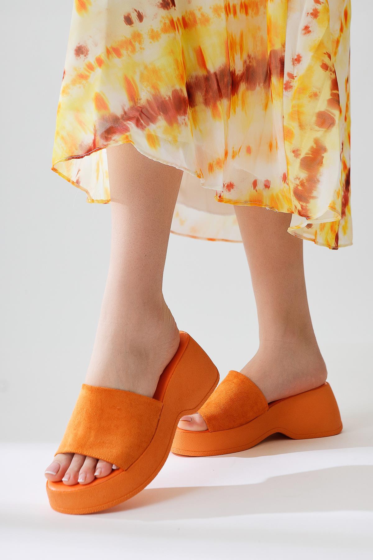 Safora Orange Suede Platform Slippers