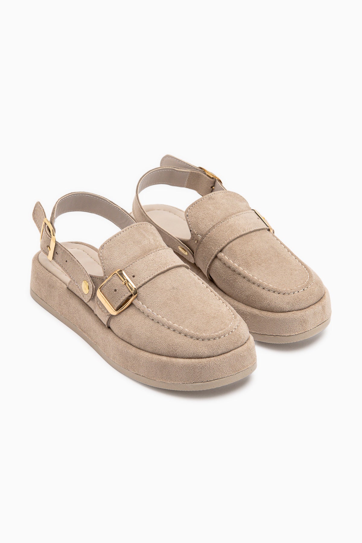 Gity Bej Süet Çift Tokalı Kadın Slingback Loafer Ayakkabı
