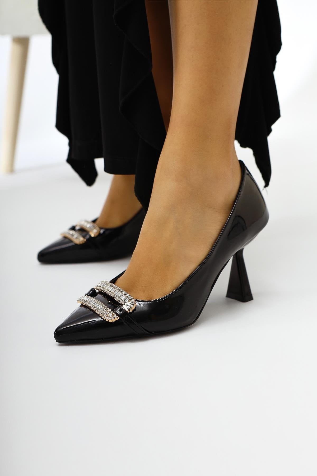Ania Black Patent Leather Pointed Toe Stone Buckle Detailed Heeled Women's Shoes