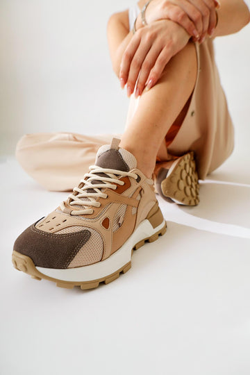 Siska Beige-Brown Lace-Up High Sole Sneakers