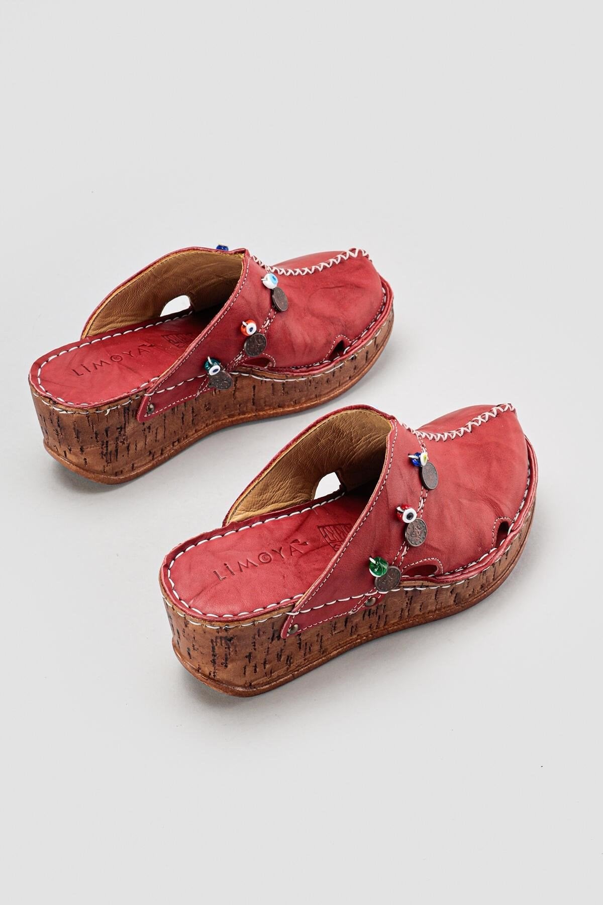 Genuine Leather Annika Claret Red Antique Detailed Filled Sabo Slippers