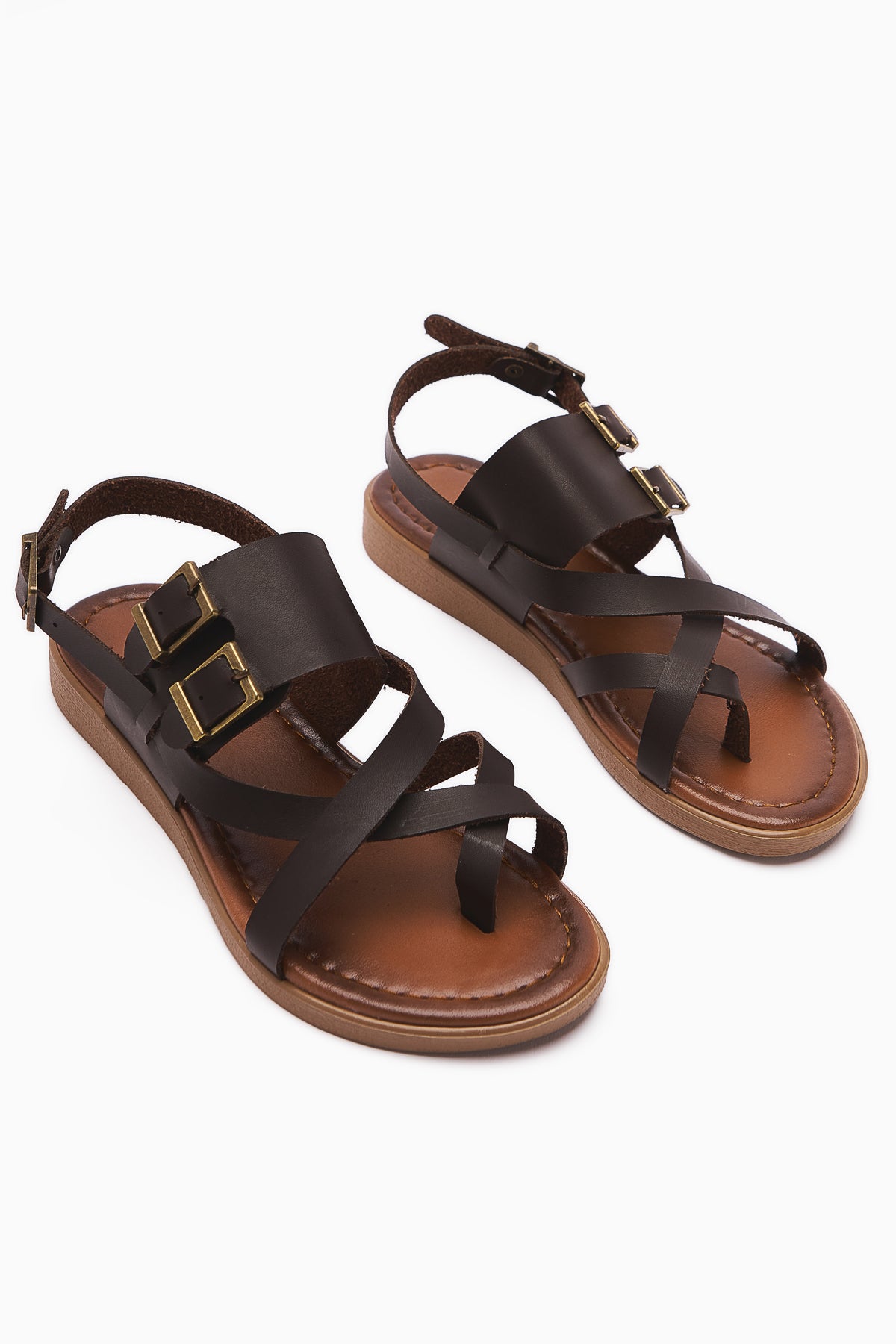 Genuine Leather Doraseos Buckle Detailed Brown Gladiator Sandals
