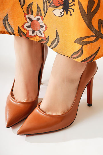Pavinee Brown Patent Leather Pointed Toe Red Jurdan Thin Heel Shoes