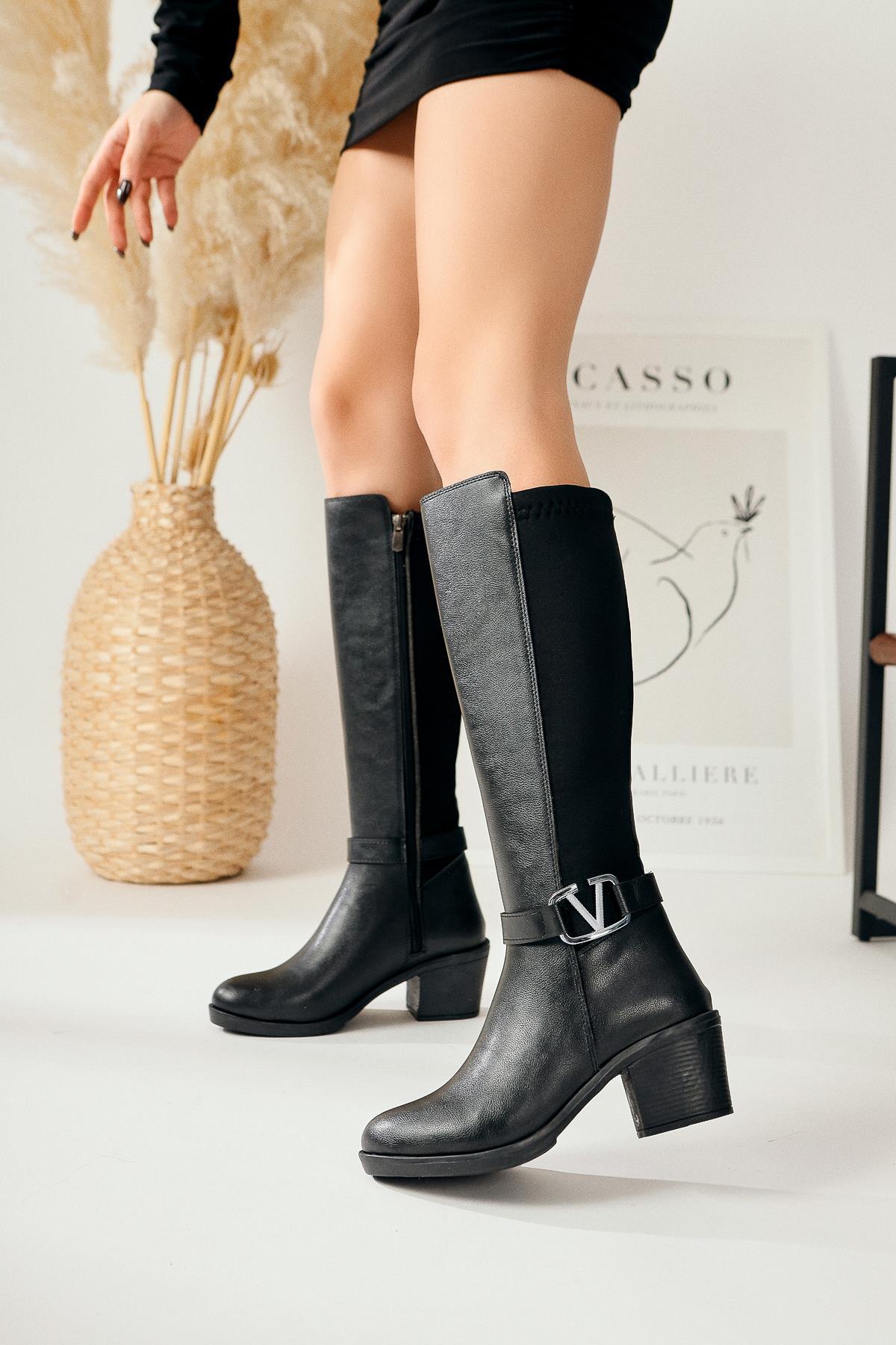 Sayna – Schwarz kniehoher Stiefel mit Neopren-Detail und elastischem Schaft (Damen)