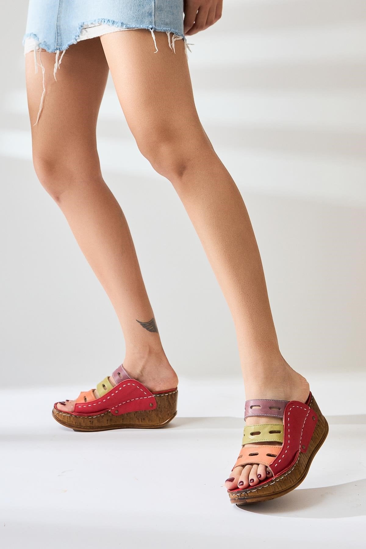 Genuine Leather Etta Red Orange Green Purple Laser Cut Slippers (Full Orthopedic Slippers)