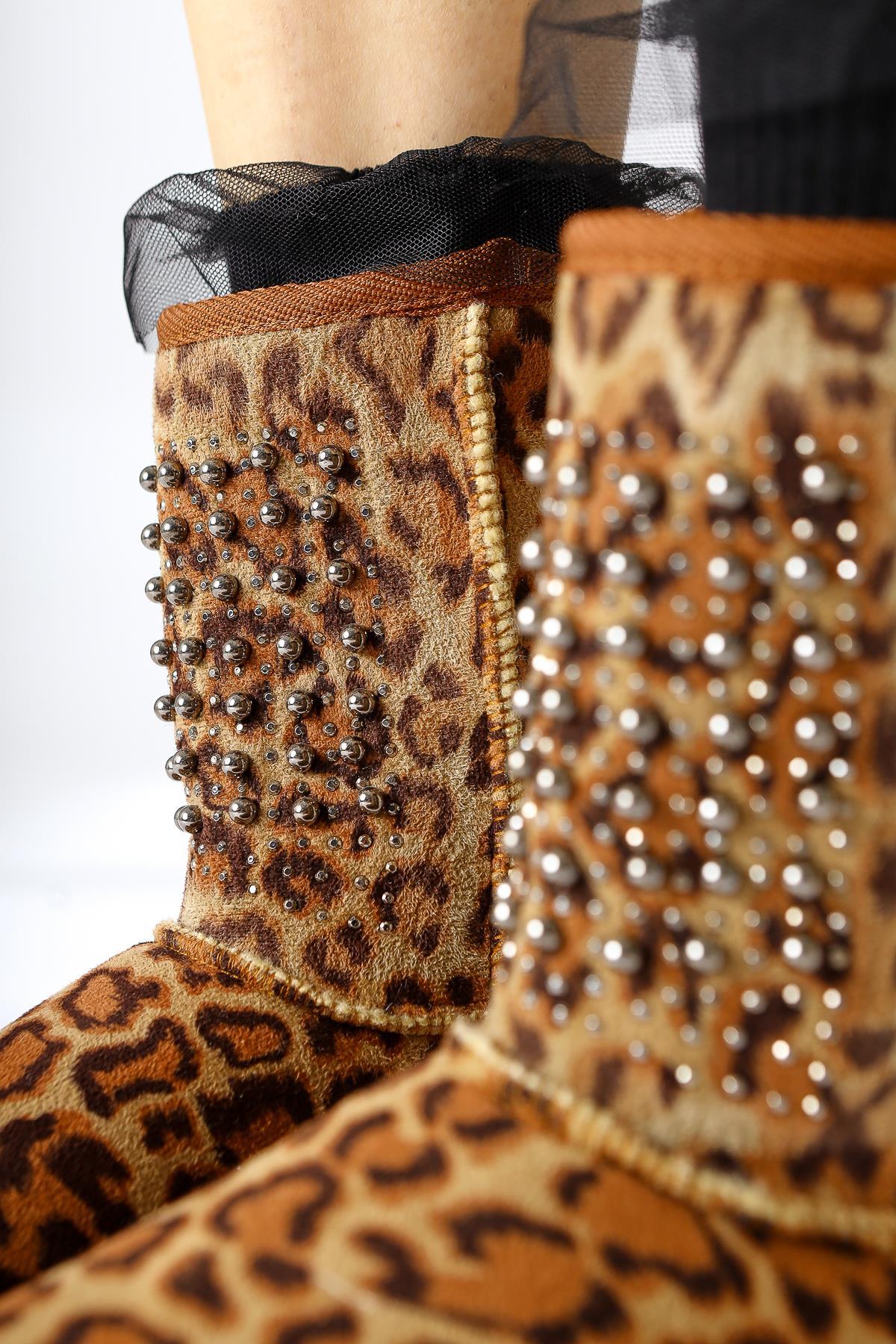Anna-Li Leopard Patterned Suede Fur Inside Beaded Detailed Pull-On Boots