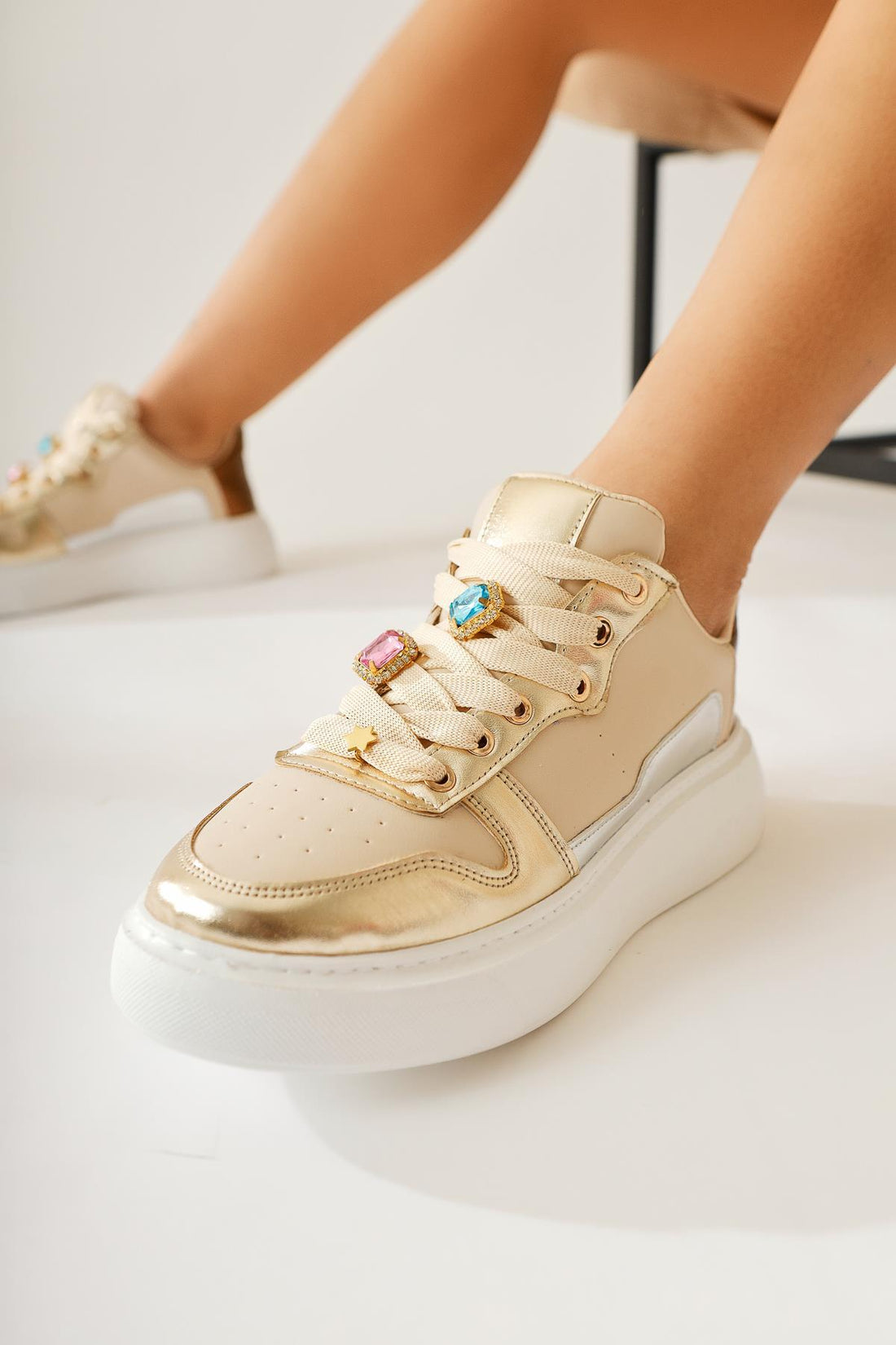 Deena Cream Thick Soled Stone Detail Sneakers