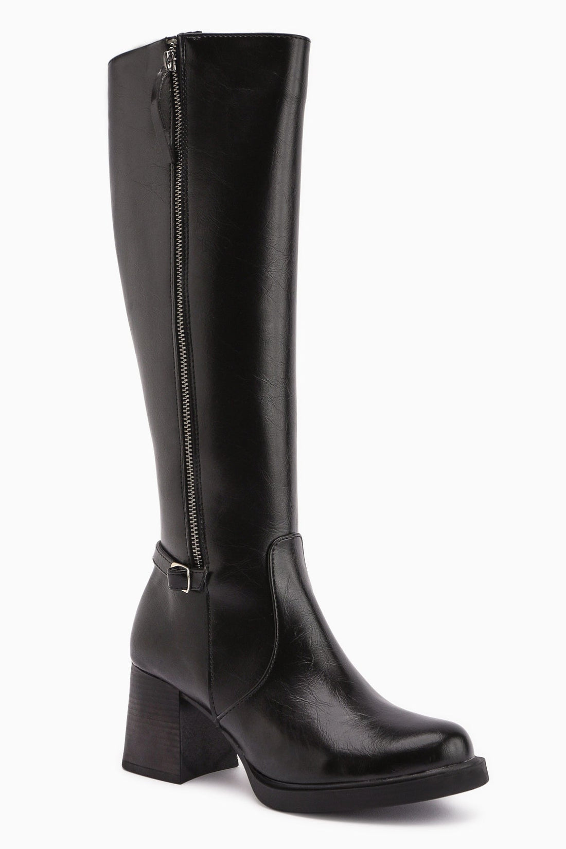 Nelia – Schwarz kniehoher Stiefel mit weitem Schaft und Absatz (Damen)