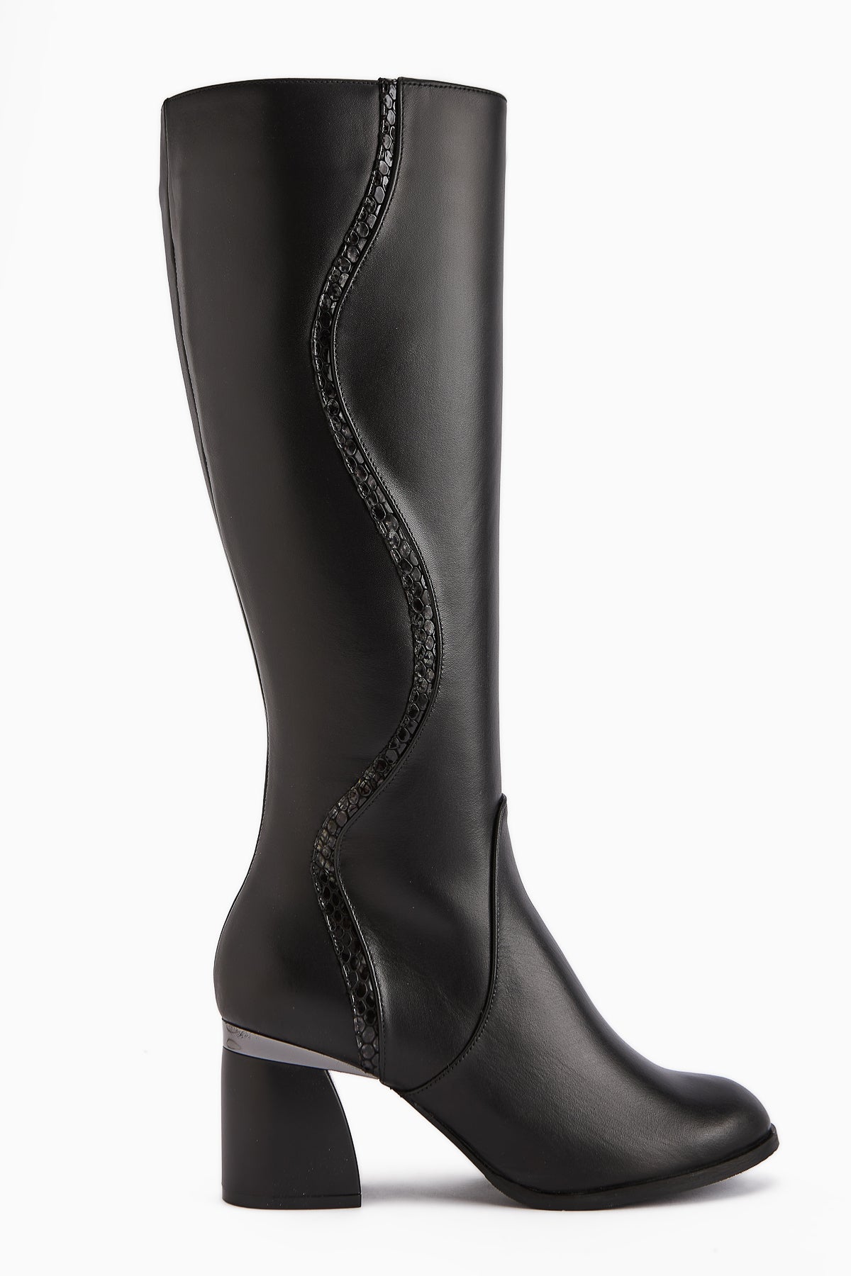 Kaylin Genuine Leather Black Heeled Boot with Snake Pattern Detail