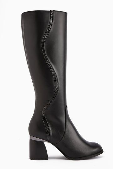 Kaylin Genuine Leather Black Heeled Boot with Snake Pattern Detail