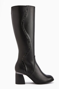 Kaylin Genuine Leather Black Heeled Boot with Snake Pattern Detail