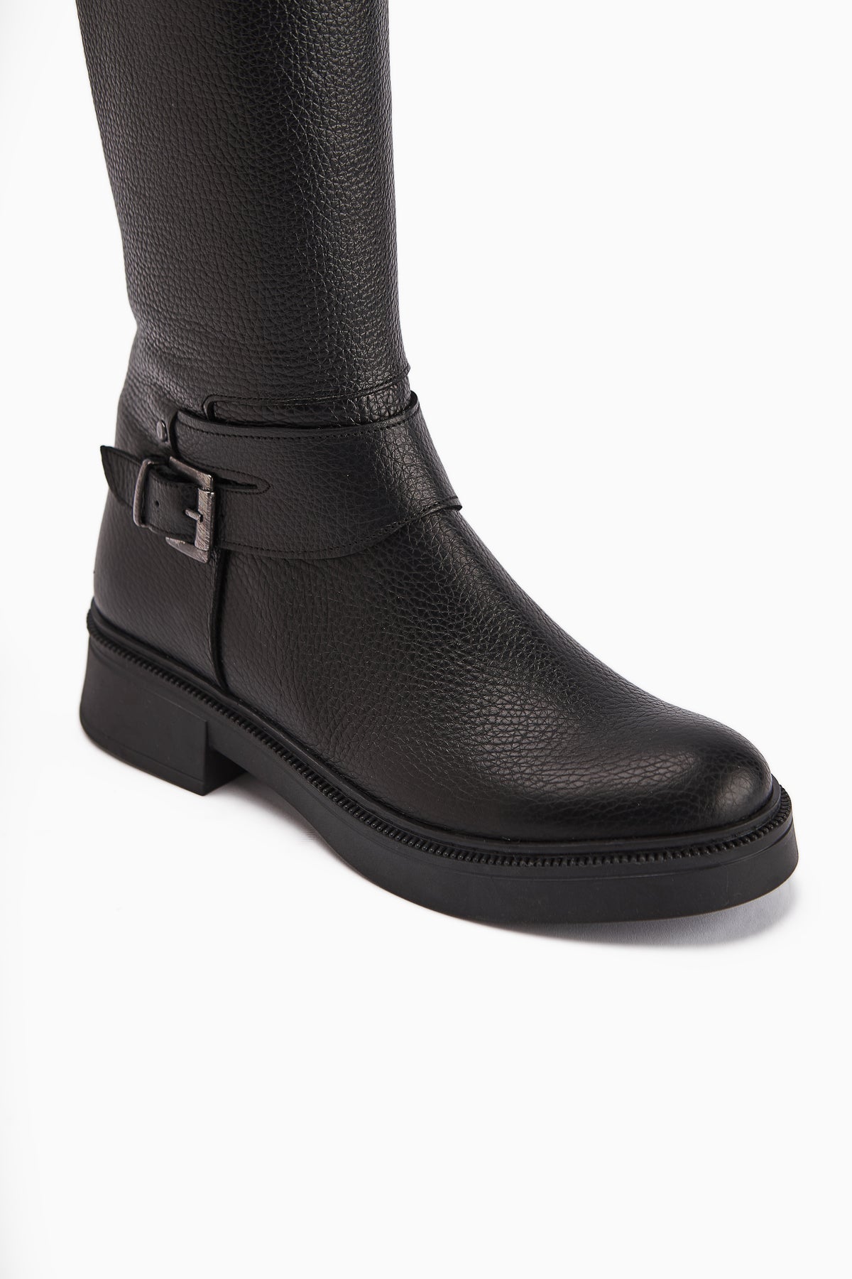 Penda Genuine Leather Black Buckle Detail Women's Zippered Boot