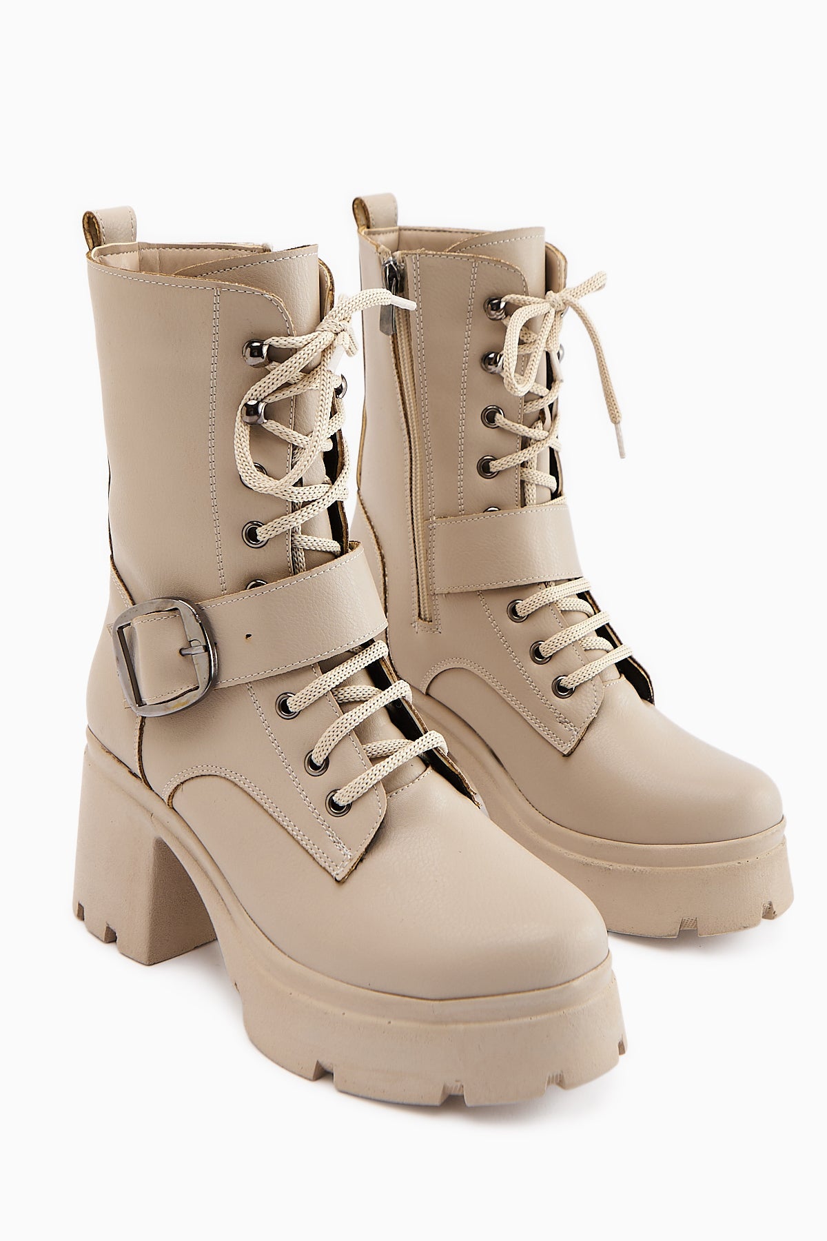 Caklin Women's Beige Platform Heeled Boot with Belt Detail