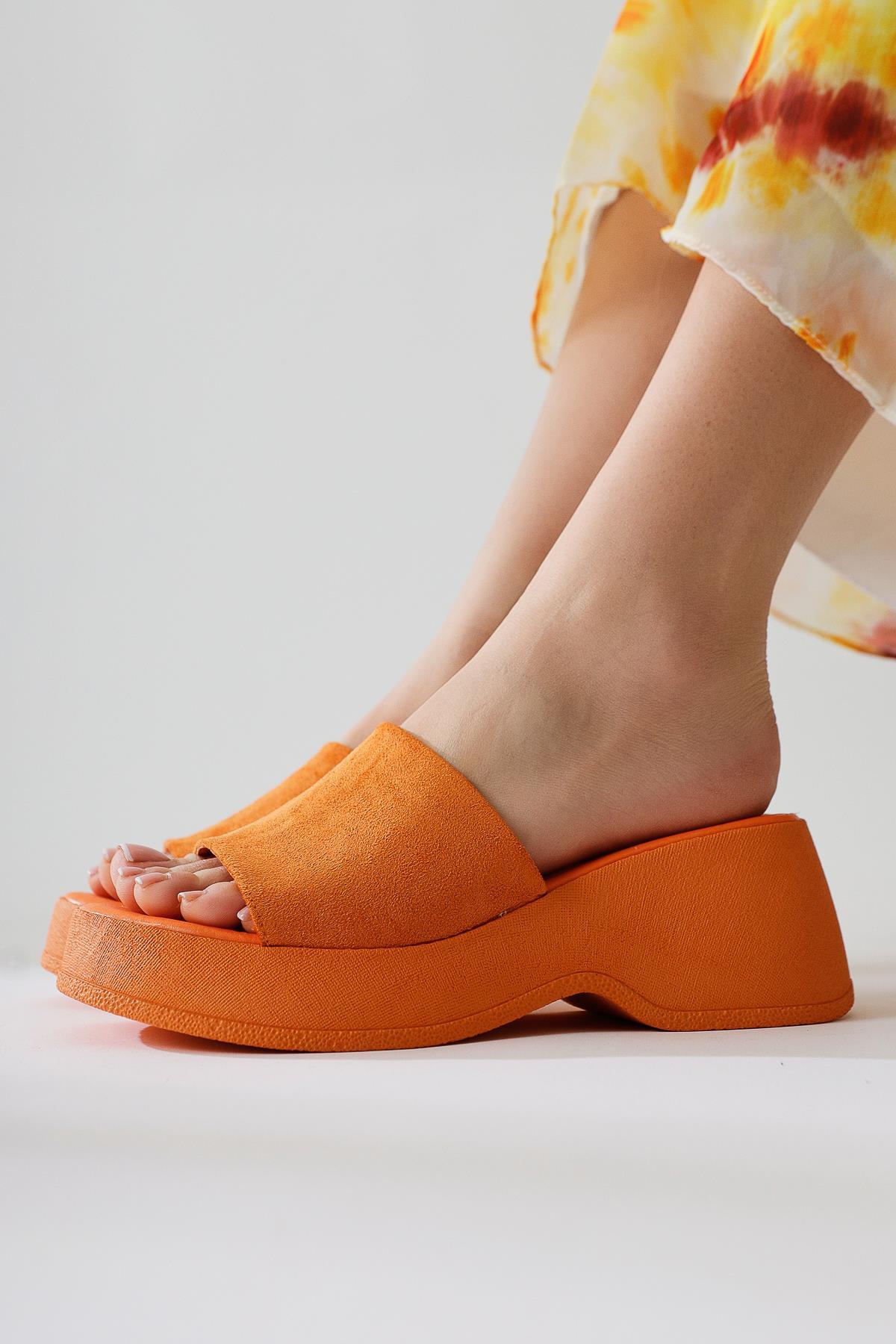 Safora Orange Suede Platform Slippers
