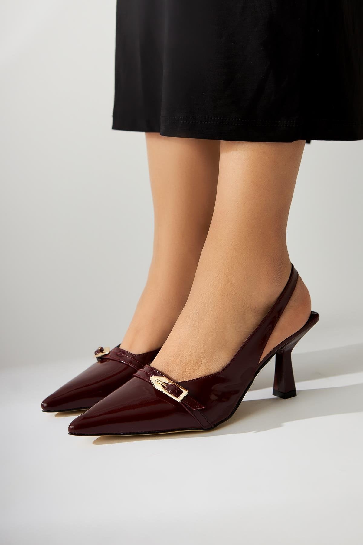Camillas Burgundy Patent Leather Pointed Toe Buckle Detailed Women's High Heel Shoes
