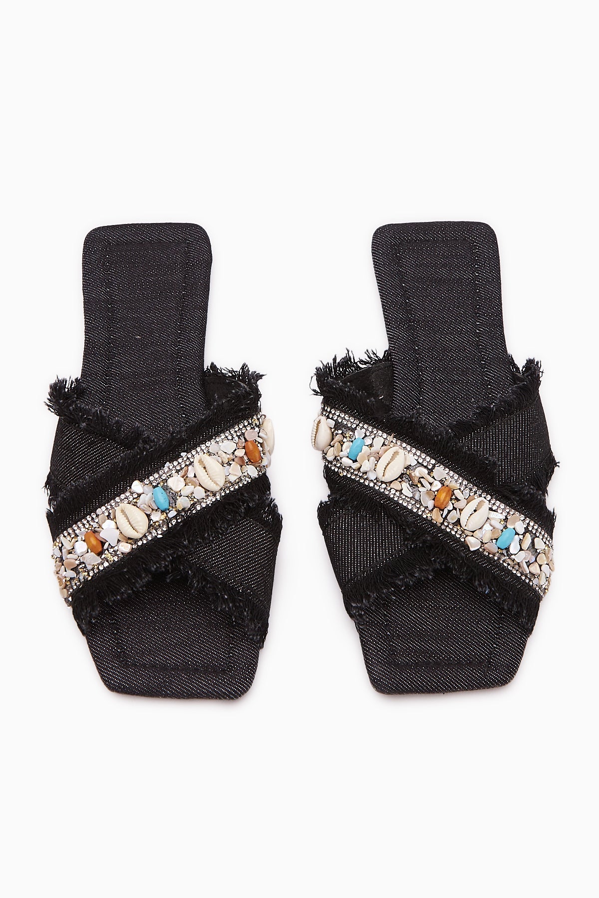 Felisa Black Stone and Sea Shell Embellished Bohemian Women's Slippers