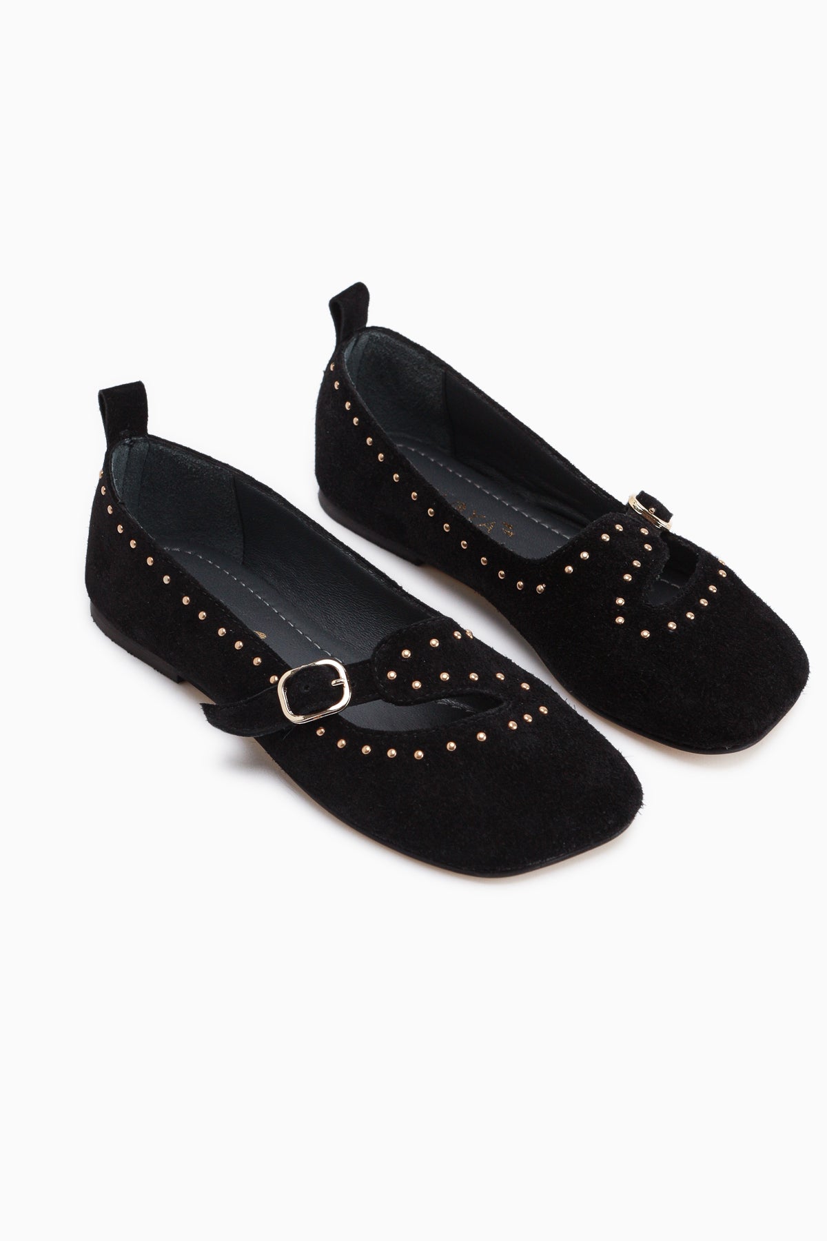 Nella Echtes Leder Schwarz Schnalle Quadrat Zehen Damen Ballerinas