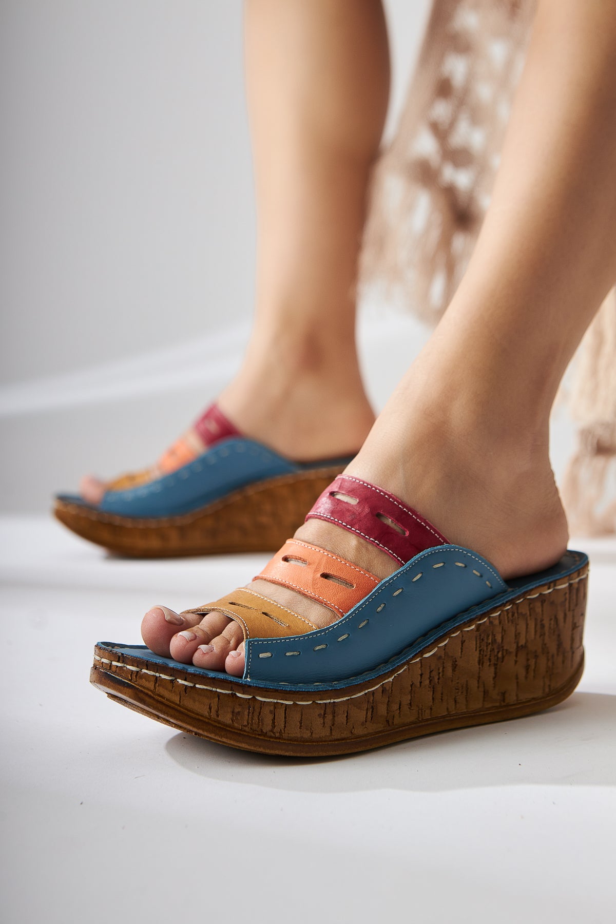 Echtes Leder Etta Denim-Blau Senf Puder Lila Laser Schnitt Damen Pantoletten (Voll Orthopädische Pantoletten)
