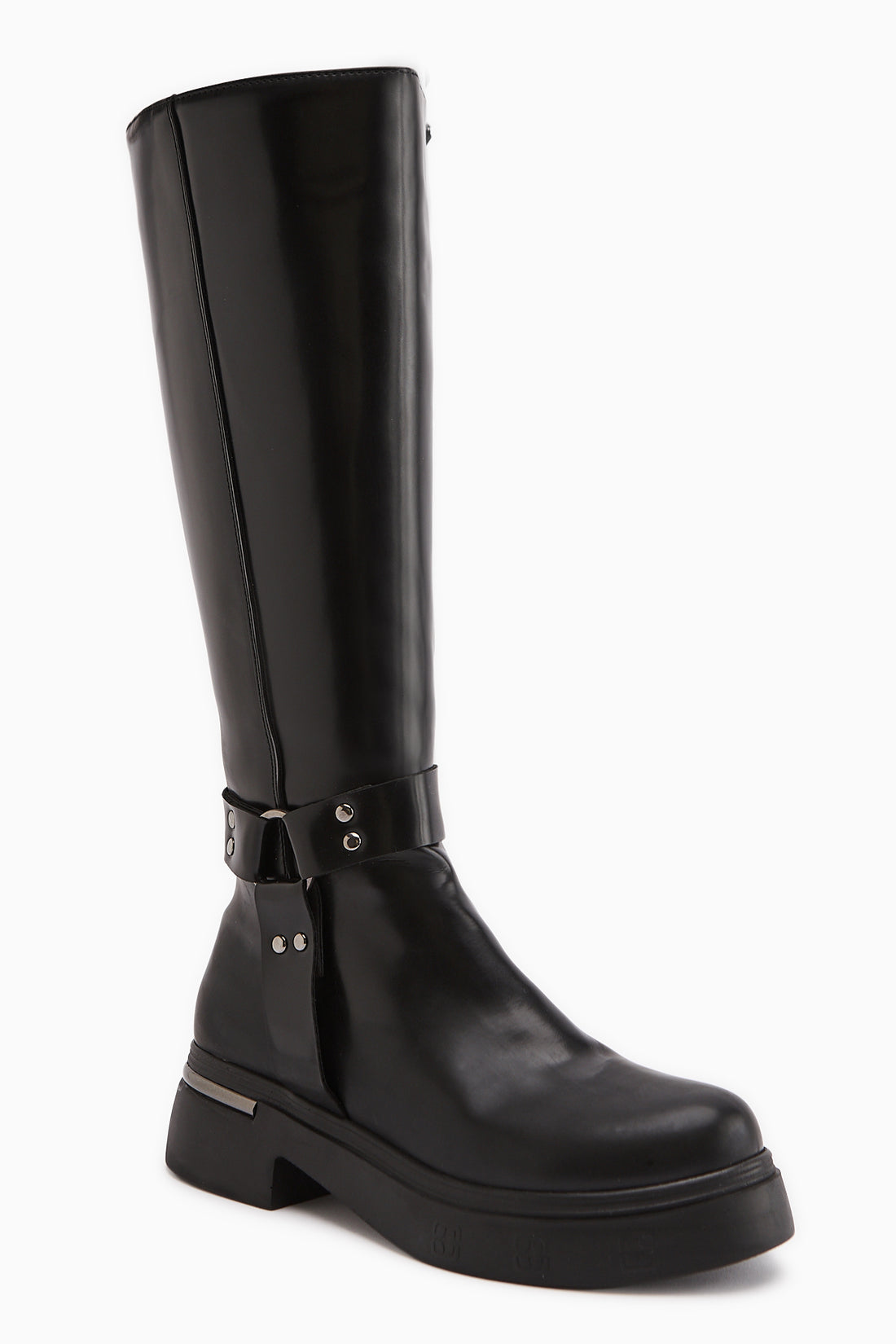 Lani Schwarz Lackleder Schnalle und Nieten Detail Damen Stiefel