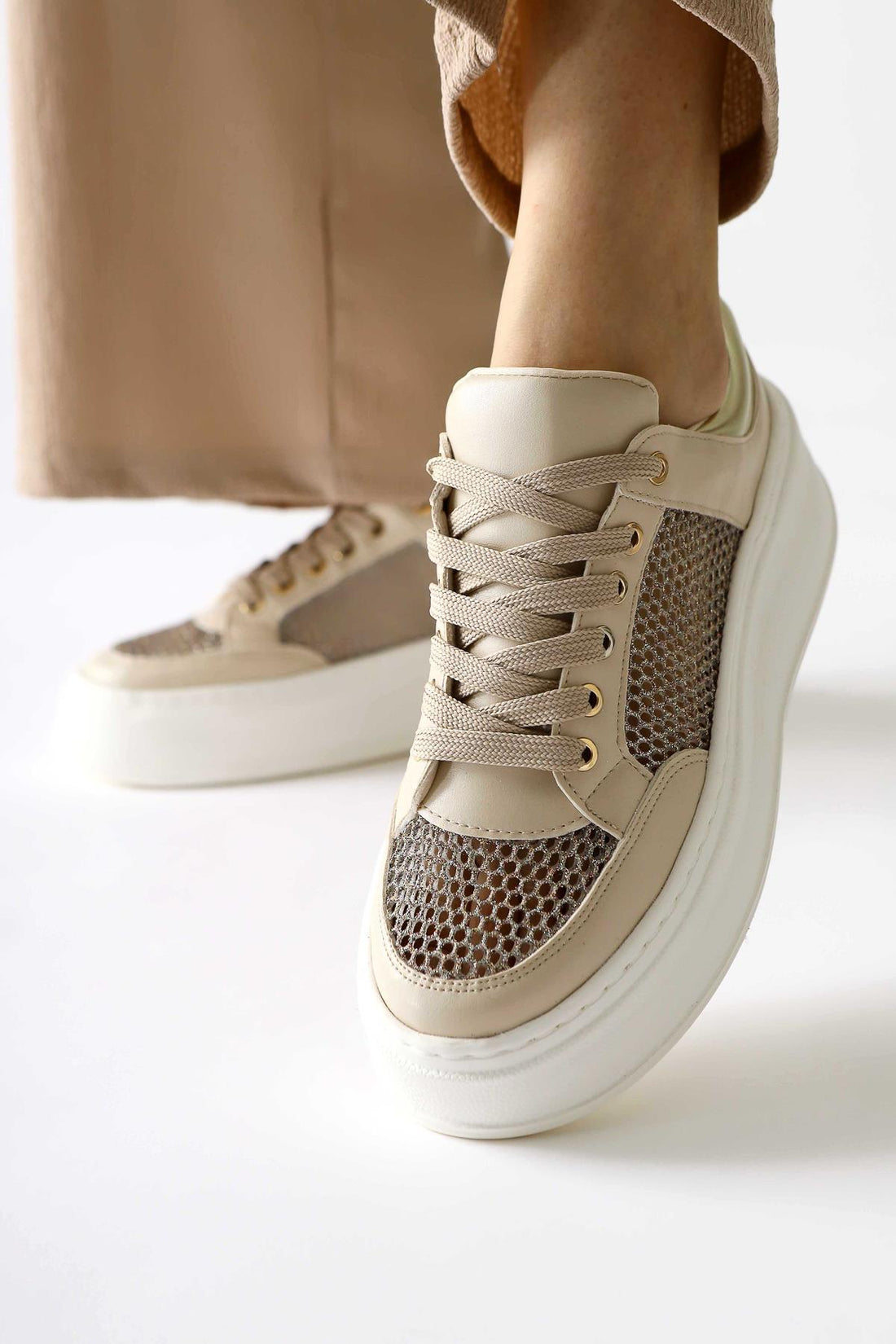 Emilina Cream Mesh Lace-Up Sneakers