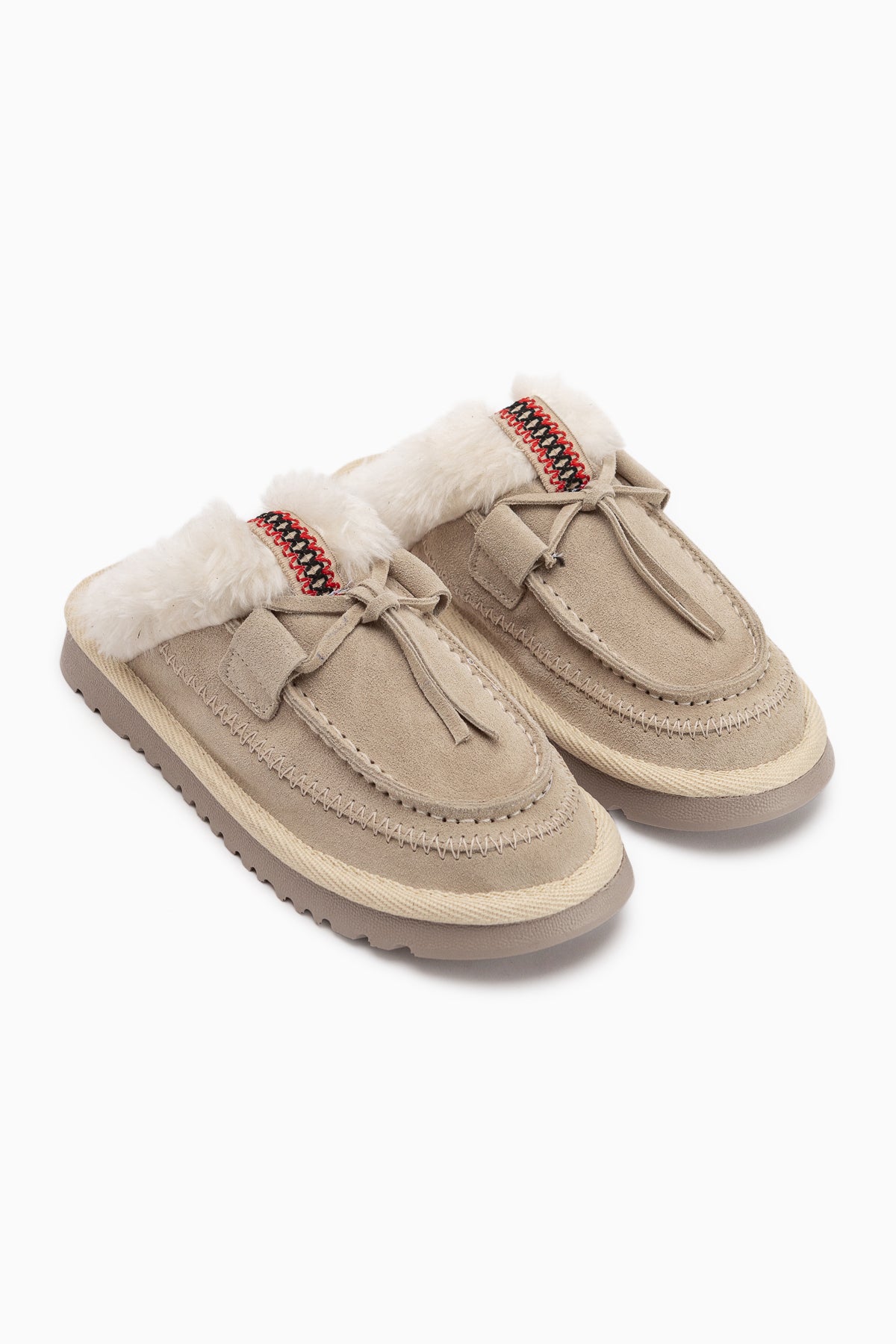 Tisha Echtes Leder Beige Wildleder Fell Detail Damen Pantoletten
