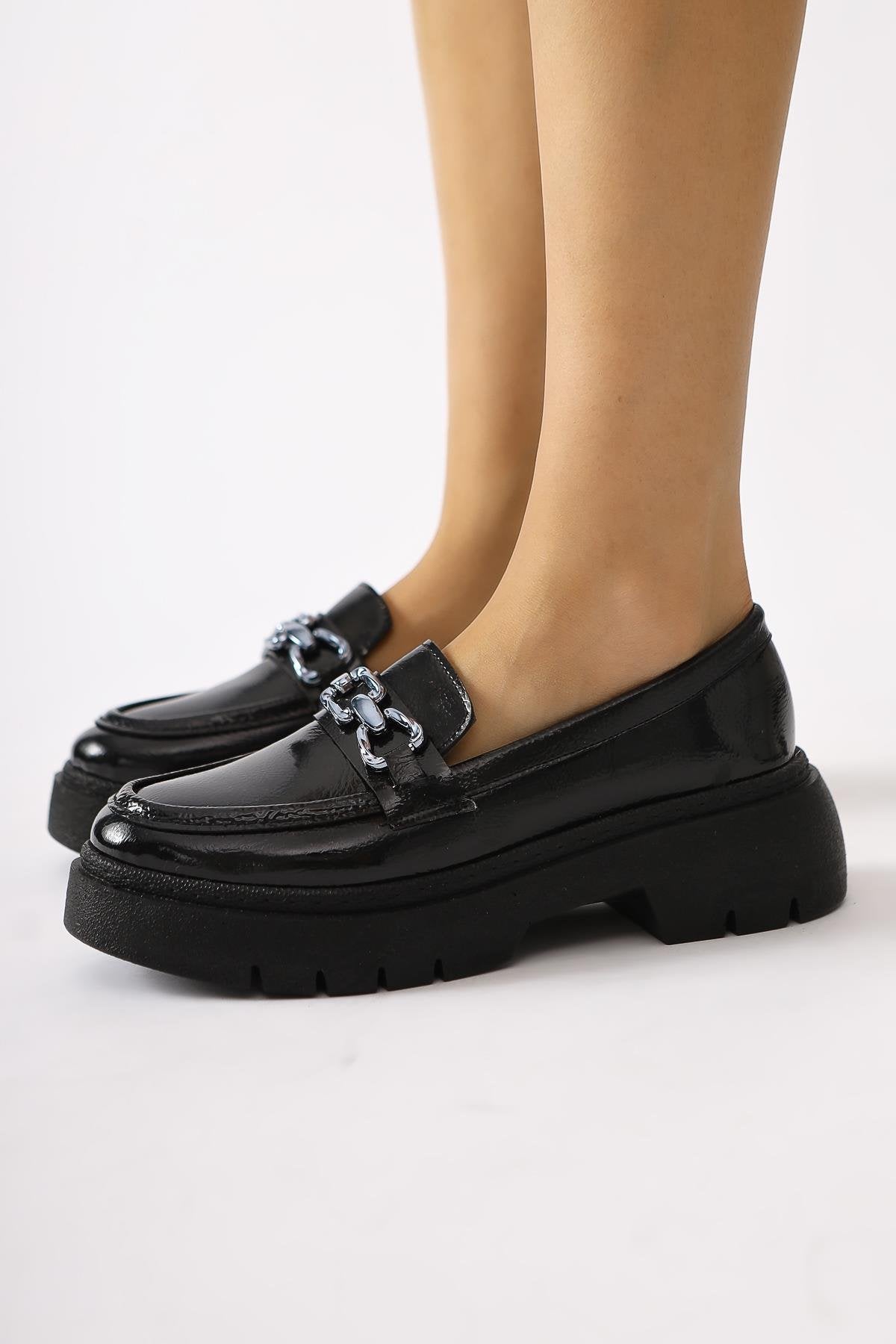 Roxne Black Crinkle Patent Leather Buckle Detailed Loafers