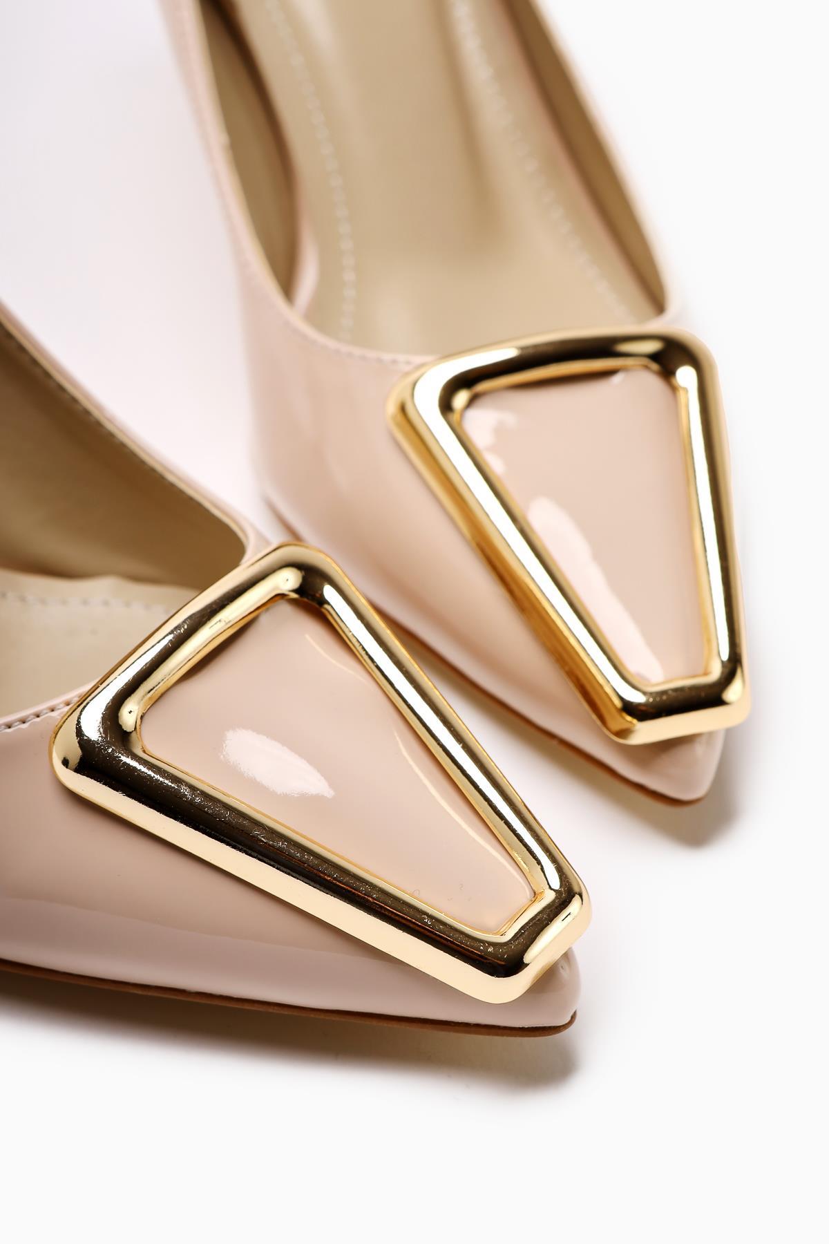 Carla Beige Patent Leather Pointed Toe Buckle Detailed Heeled Women's Shoes