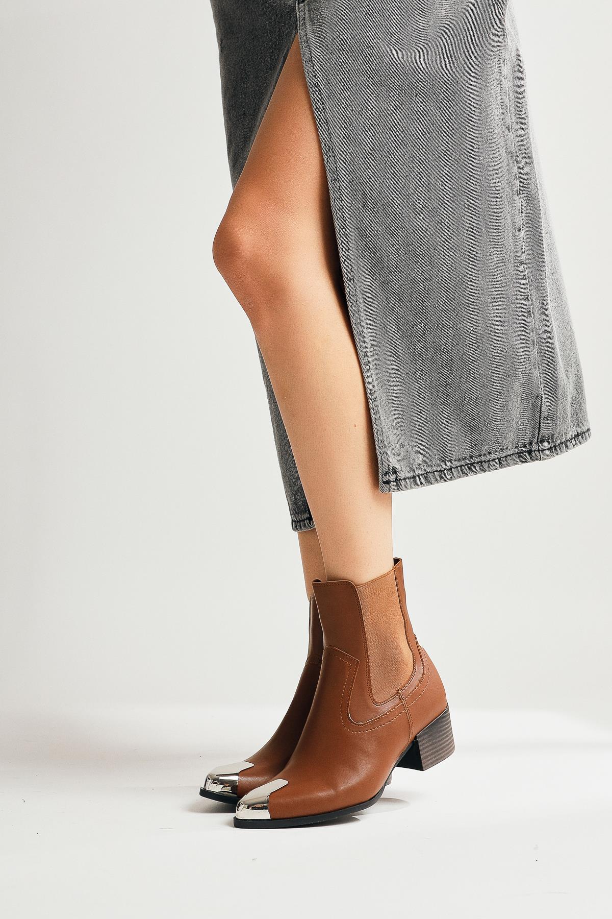 Micki Tan Pointed Toe Metal Detailed Boots