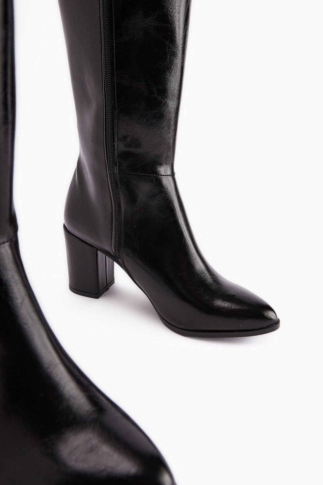 Tatum Black Wrinkled Patent Pointed Mid Heeled Boot