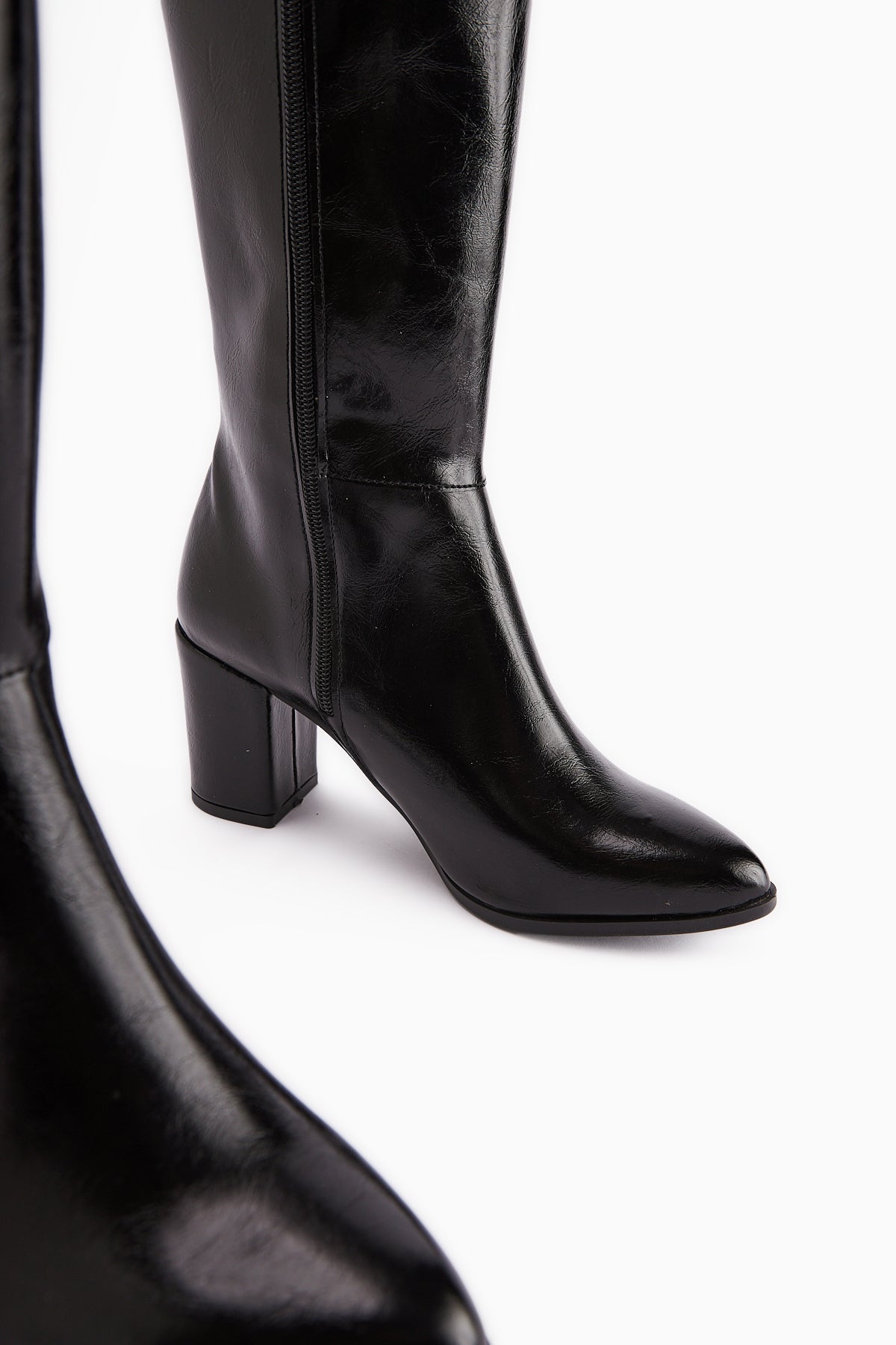 Tatum Black Wrinkled Patent Pointed Mid Heeled Boot
