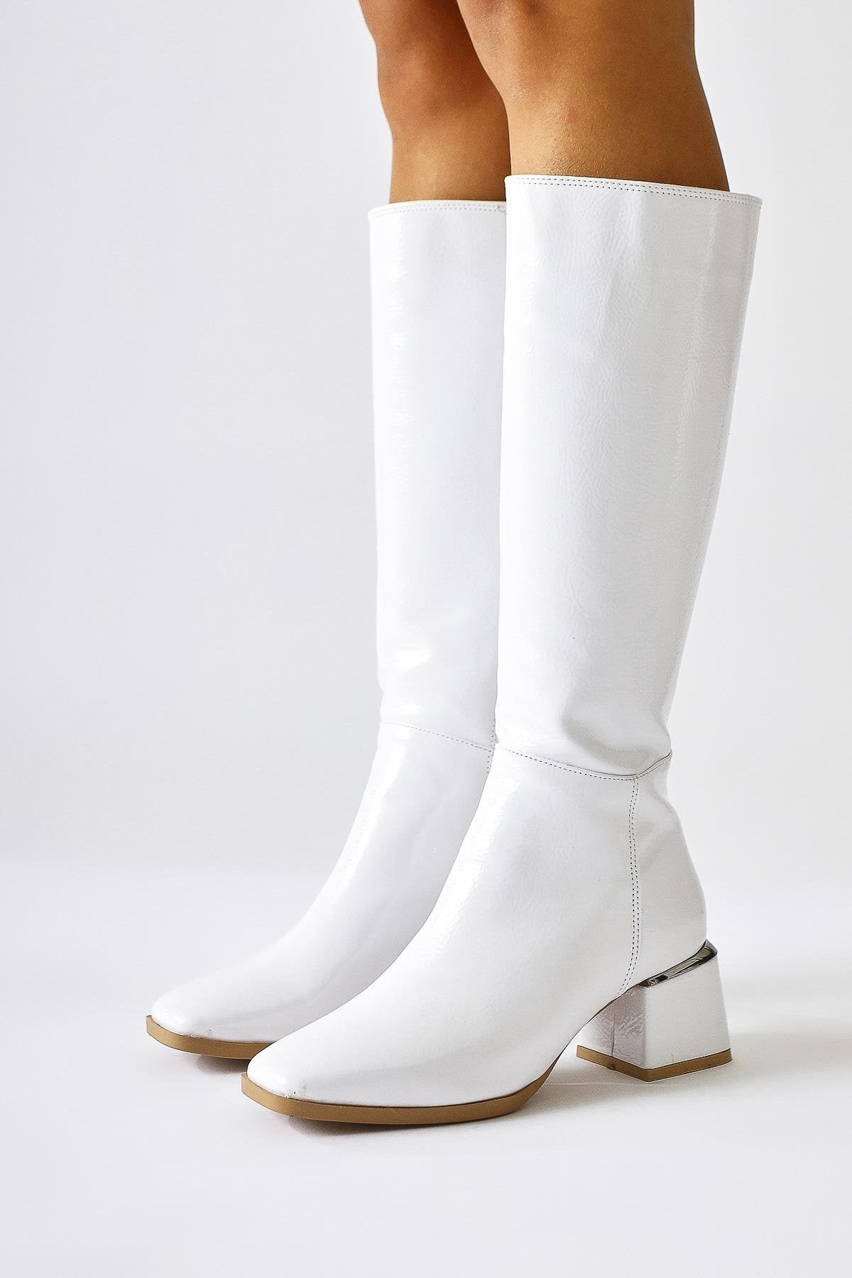 Miami White Crinkle Patent Leather Flat Toe Boots