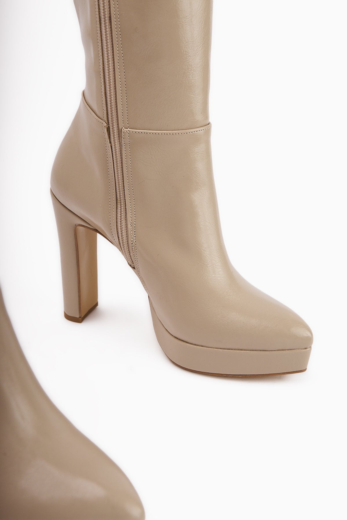 Ariya Beige Platform Heeled Women's Boot with Zipper