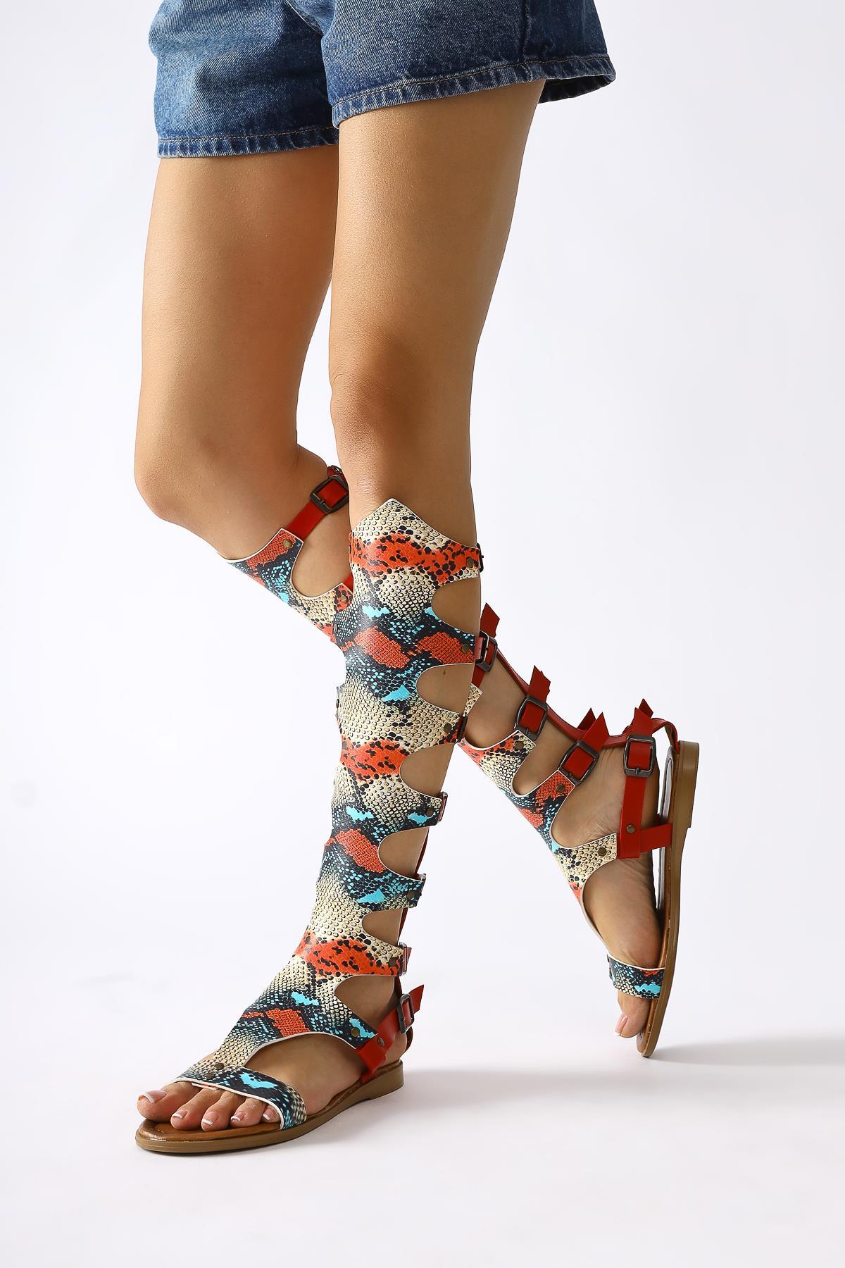 Lilith Echtes Leder Rote Gladiator Sandalen mit Schlangenhaut Muster