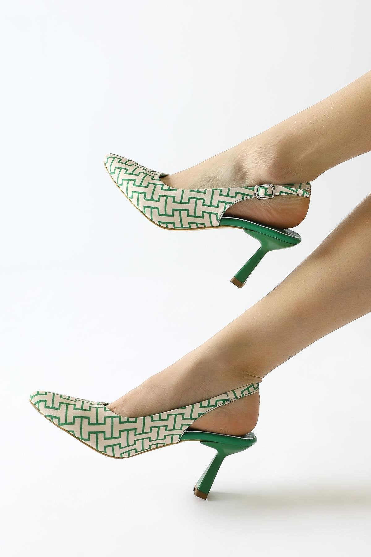 Ernesa Green Geometric Patterned High Heel Shoes
