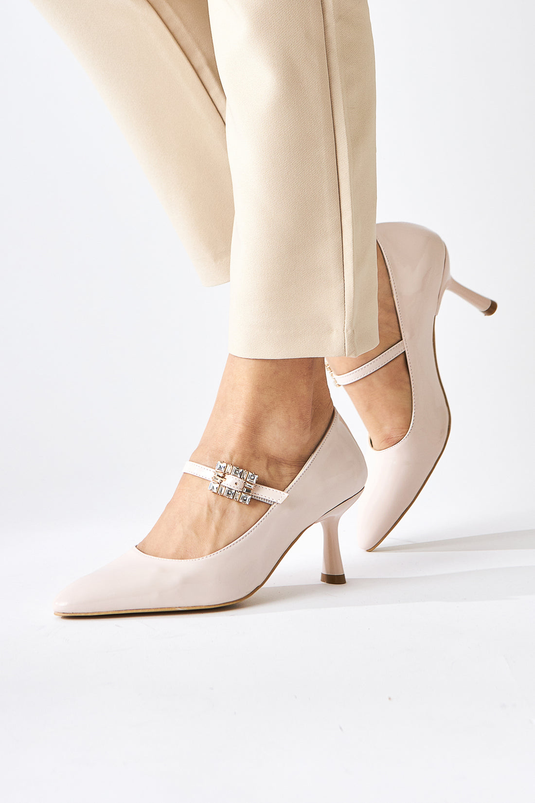 Maria Beige Lackleder Schnalle Damen Absatzschuhe