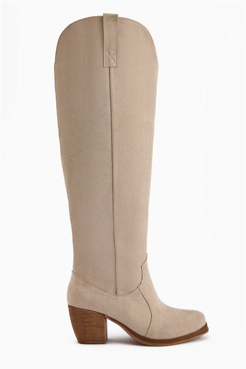 Leya Beige Suede Heeled Boot without Zipper