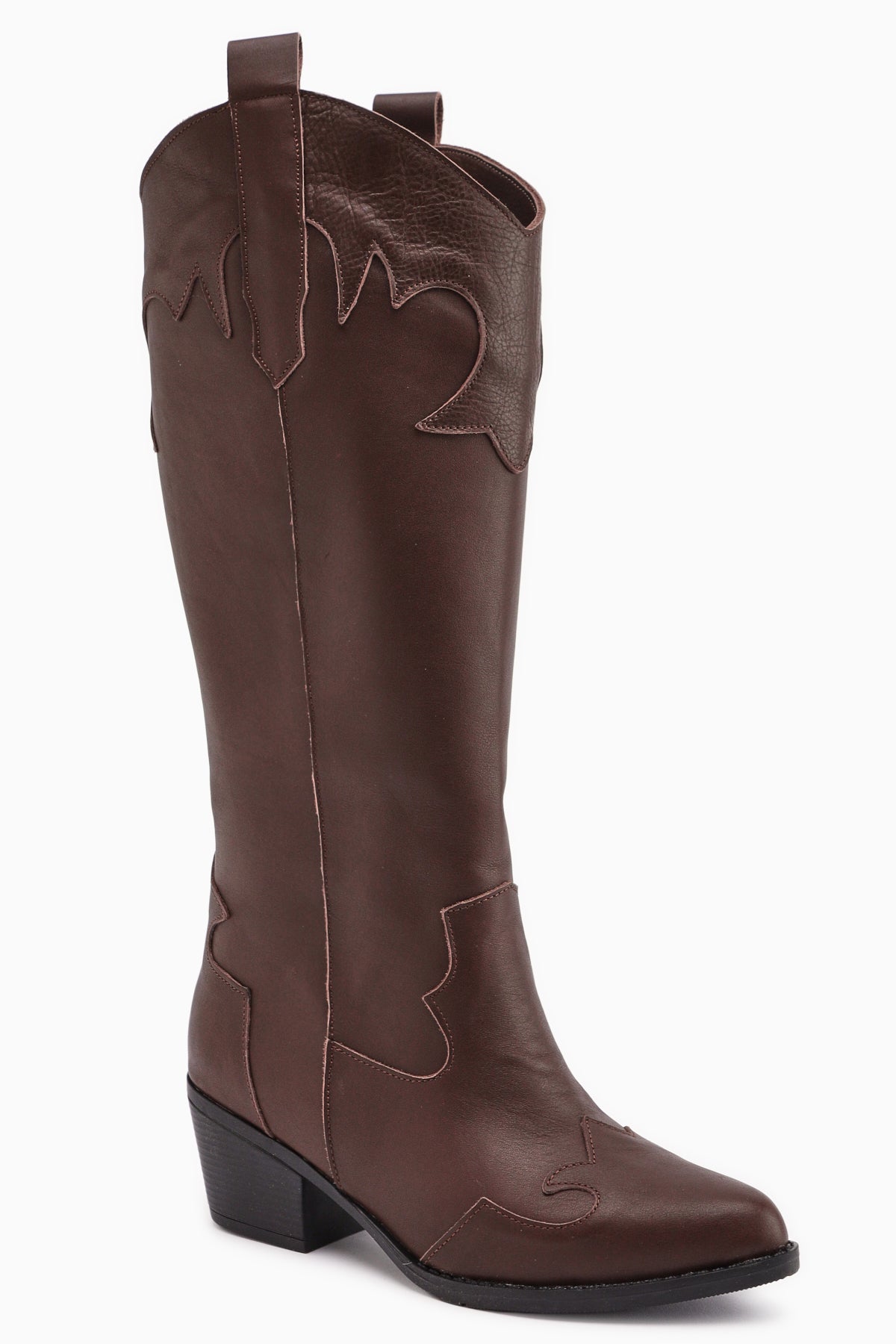 Lara – Braun Echtleder kniehoher Stiefel mit Absatz und Western-Detail (Damen)