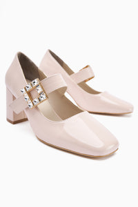 Liss Beige Patent Square-Toed Women’s Heeled Shoes