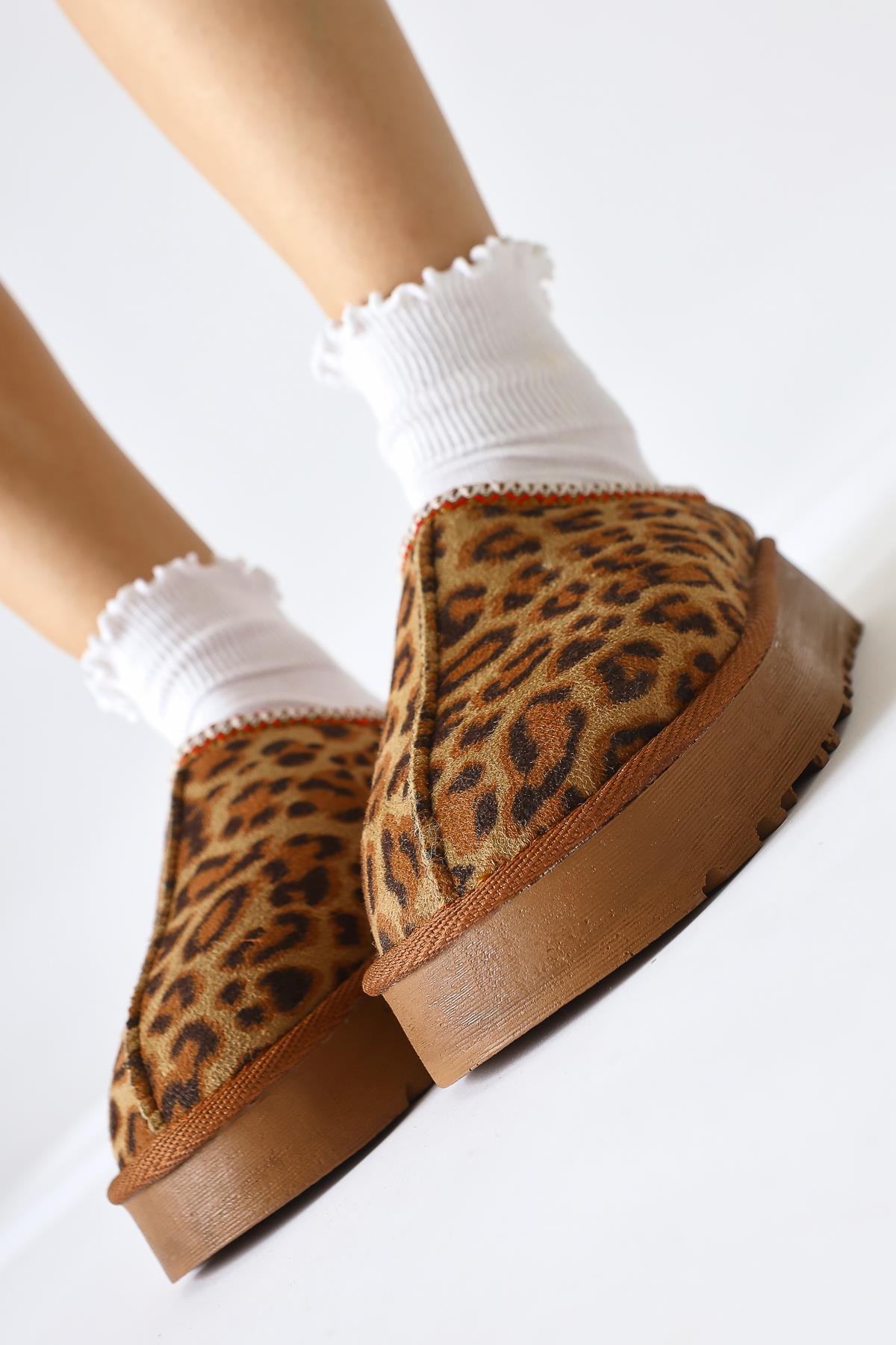 Anne-Liis Leopard Patterned Suede Woven Detailed Winter Slippers